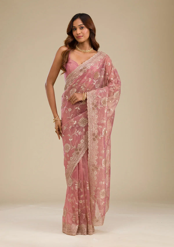 Fashion Cave Pink Zariwork Tissue Saree