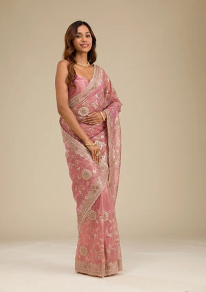 Fashion Cave Pink Zariwork Tissue Saree