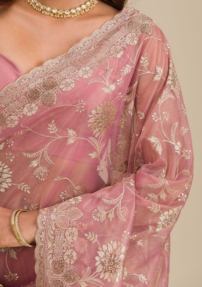 Fashion Cave Pink Zariwork Tissue Saree