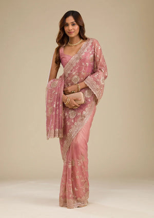 Fashion Cave Pink Zariwork Tissue Saree
