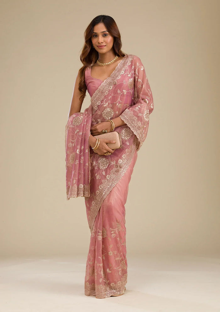 Fashion Cave Pink Zariwork Tissue Saree