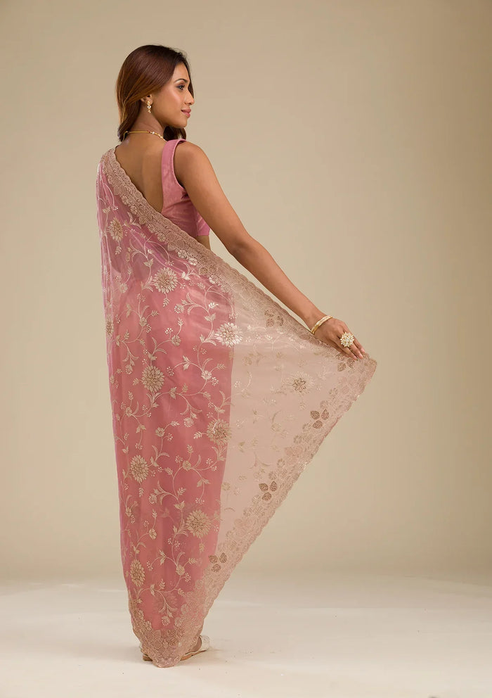 Fashion Cave Pink Zariwork Tissue Saree