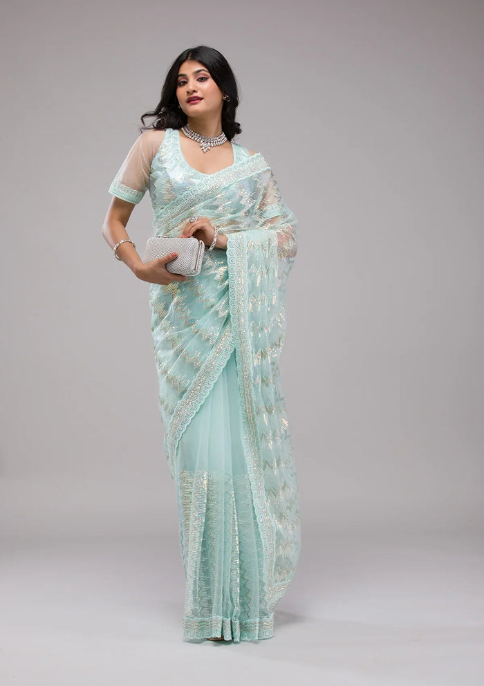 Fashion Cave Sky Blue Sequins Net Saree