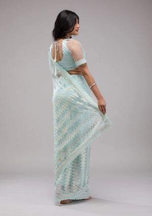 Fashion Cave Sky Blue Sequins Net Saree