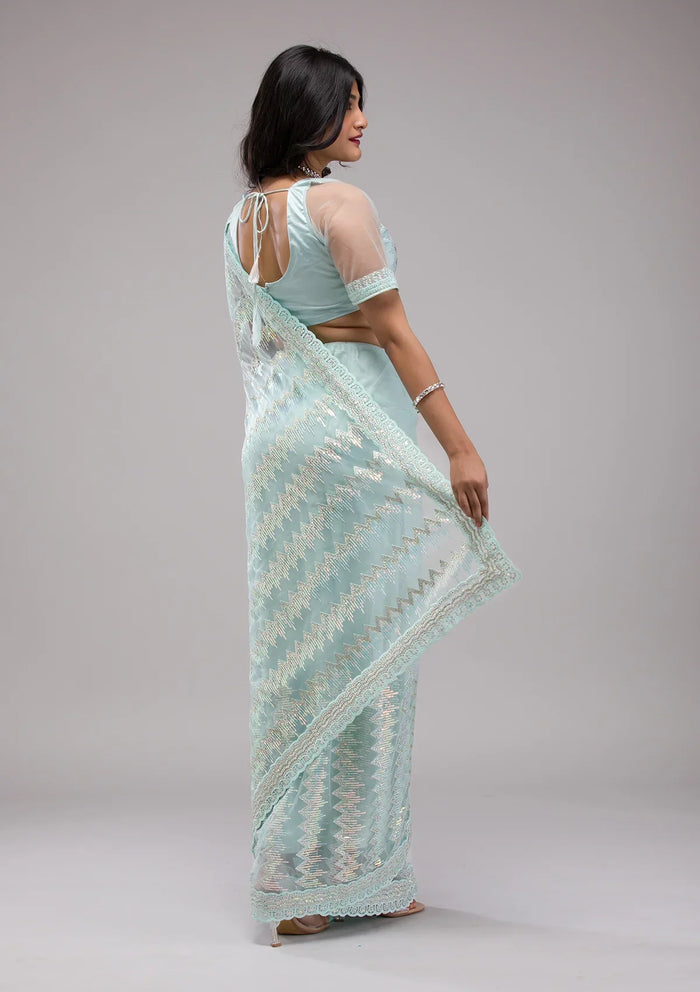Fashion Cave Sky Blue Sequins Net Saree