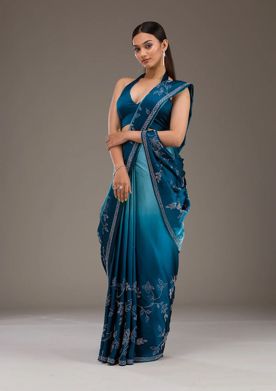 Fashion Cave Turquoise Blue Stonework Satin Saree