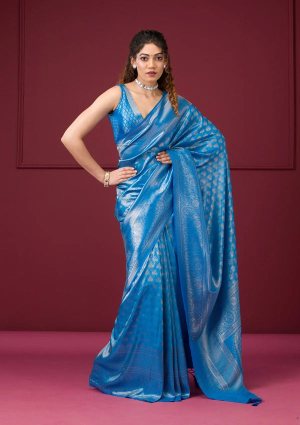 Fashion Cave Turquoise Blue Zariwork Art Silk Saree