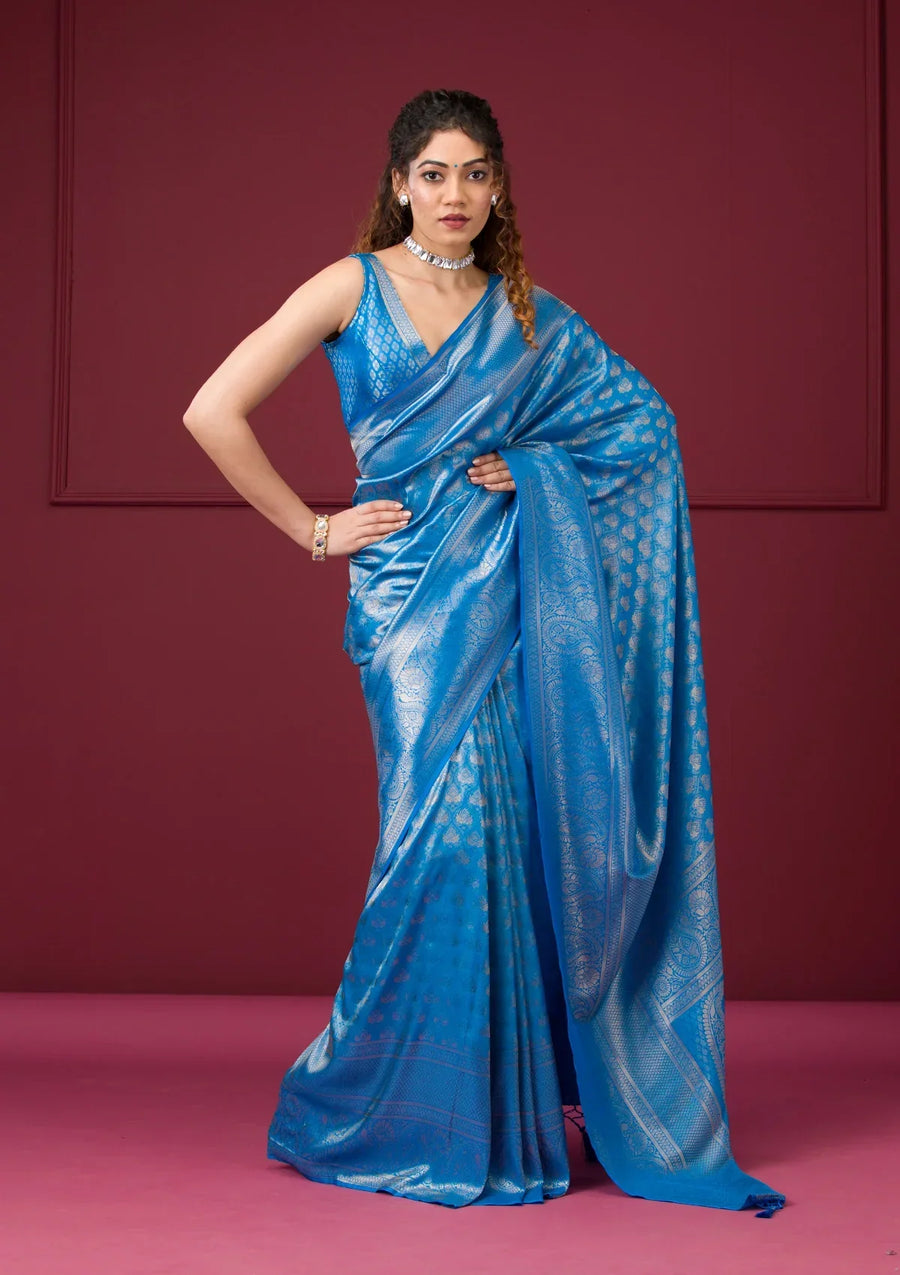 Fashion Cave Turquoise Blue Zariwork Art Silk Saree