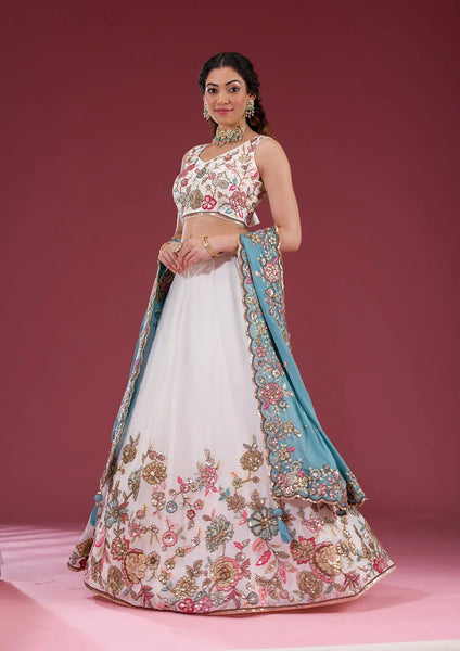 Fashion Cave White Threadwork Georgette Readymade Lehenga