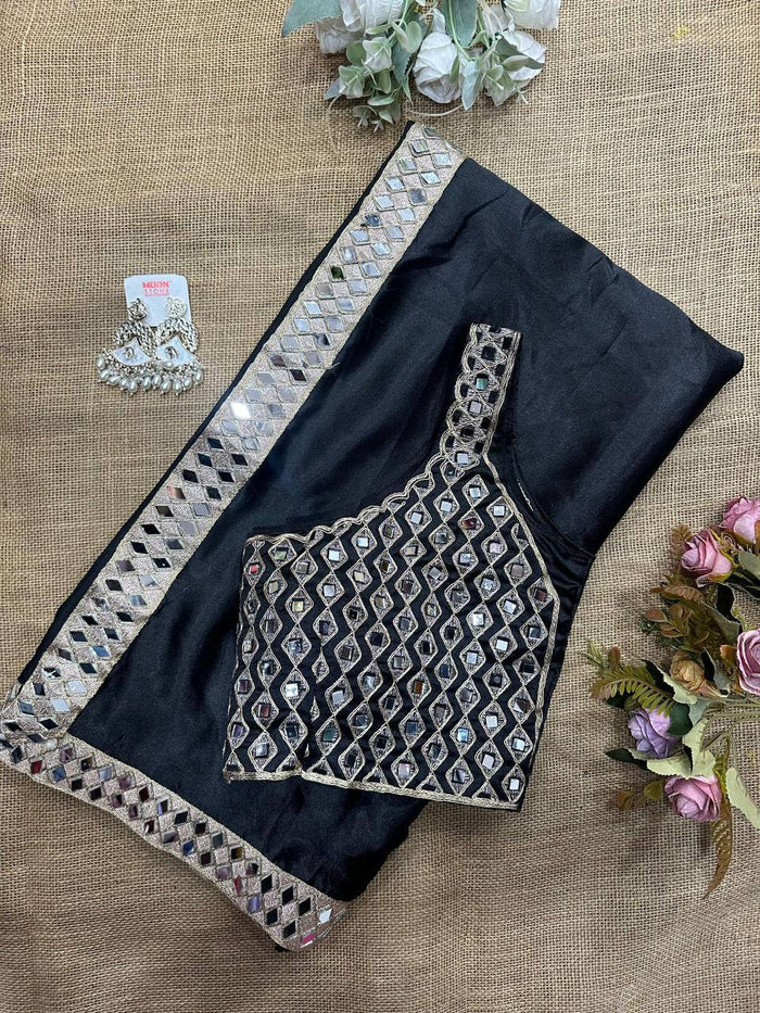 Beautiful Black satin silk With Embroidery Lace and Real Mirror Blouse