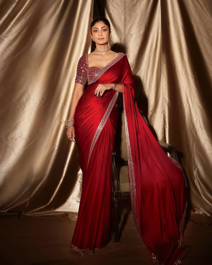 Beautiful Red satin silk With Embroidery Lace and Real Mirror Blouse