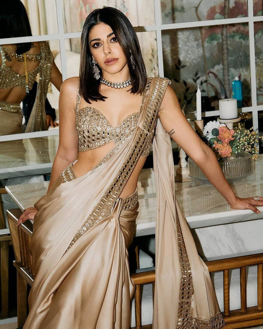Beautiful Pure satin silk With Embroidery Lace and Real Mirror Blouse