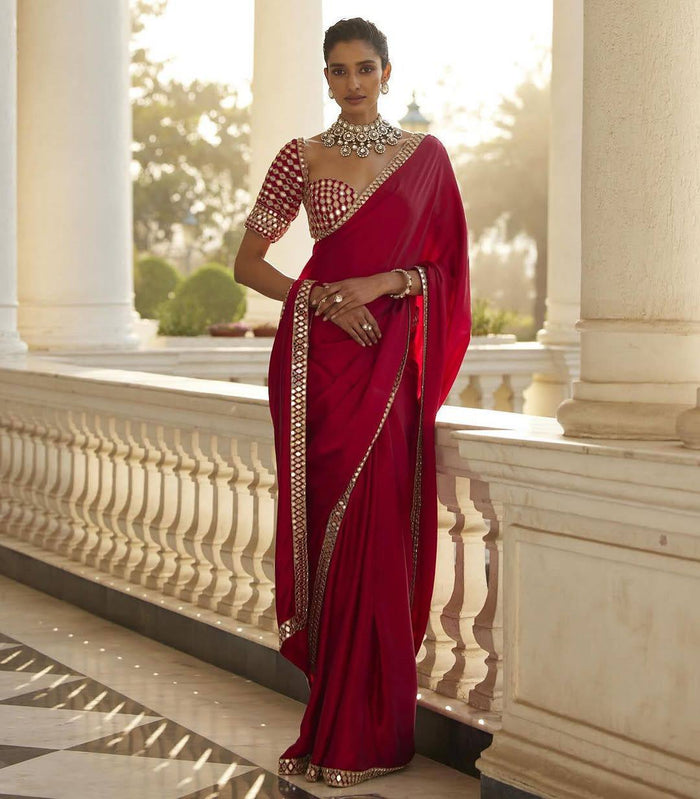 Beautiful Red satin silk With Embroidery Lace and Real Mirror Blouse