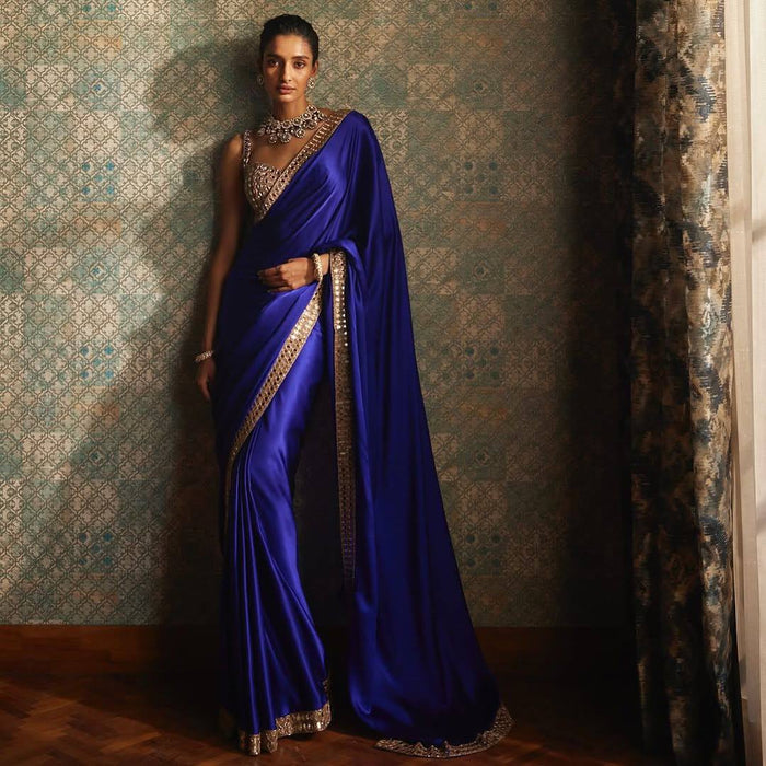 Beautiful Teal Blue Pure satin silk With Embroidery Lace and Real Mirror Blouse