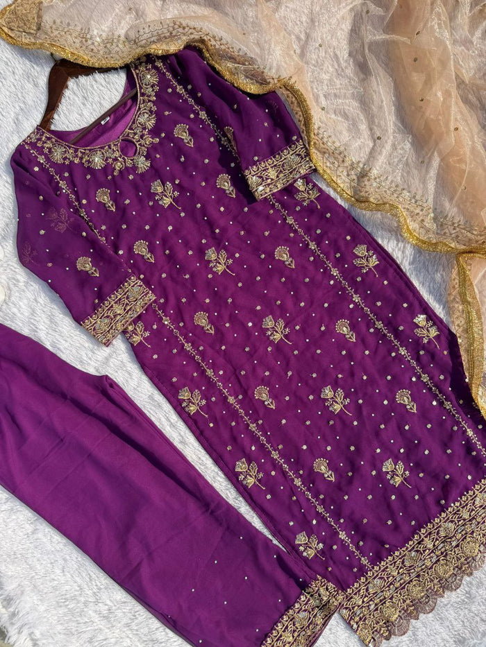 Beautiful Sequence Embroidery Fox Georgette Salwar Suit Ready To wear