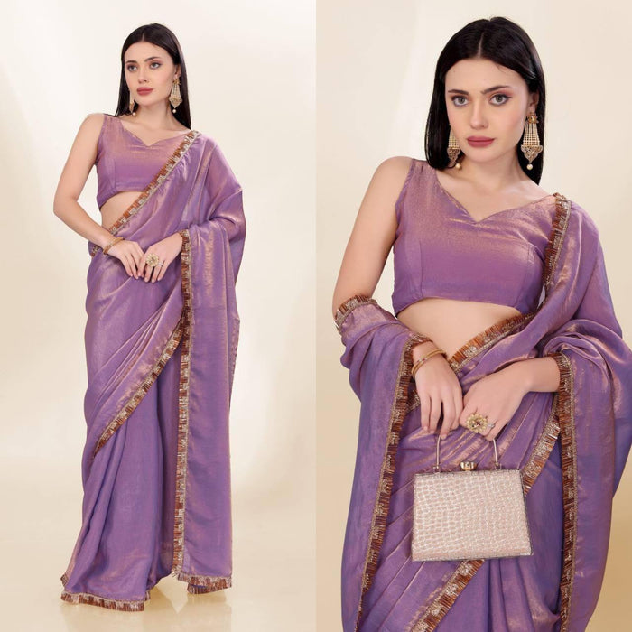 Lavish Lavender Color Fendi Silk With Embroidery Lace Broder and Blouse