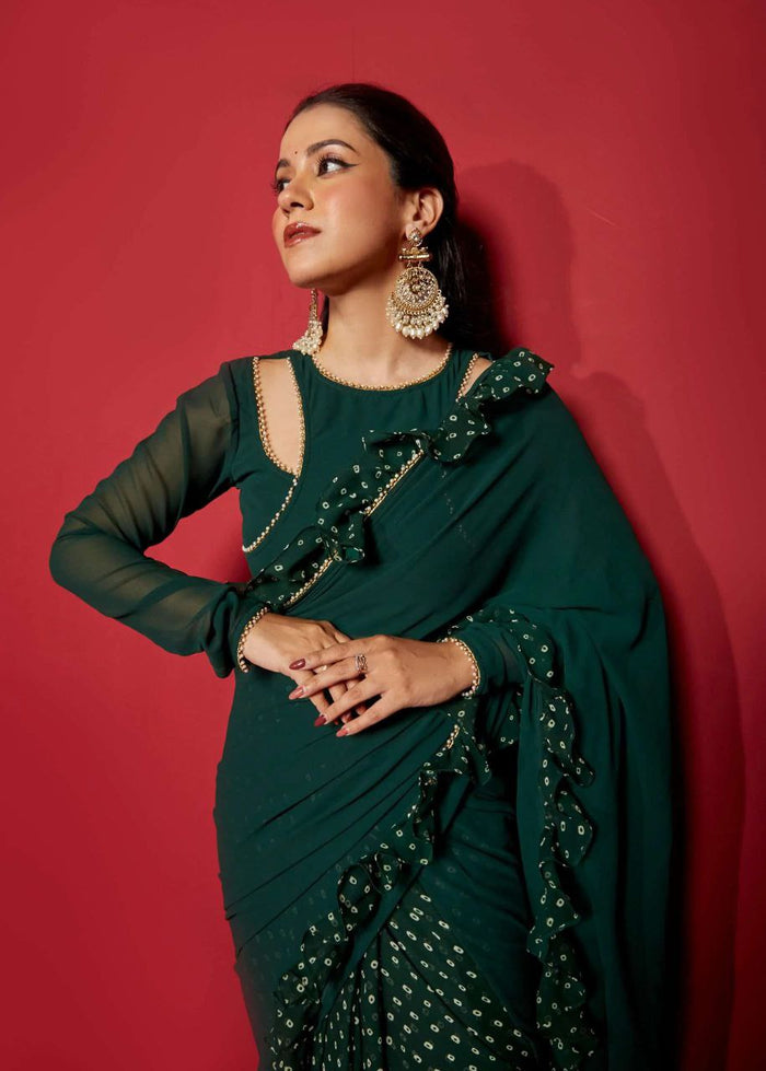 Opal Green Pre-Draped Frilled Design Saree