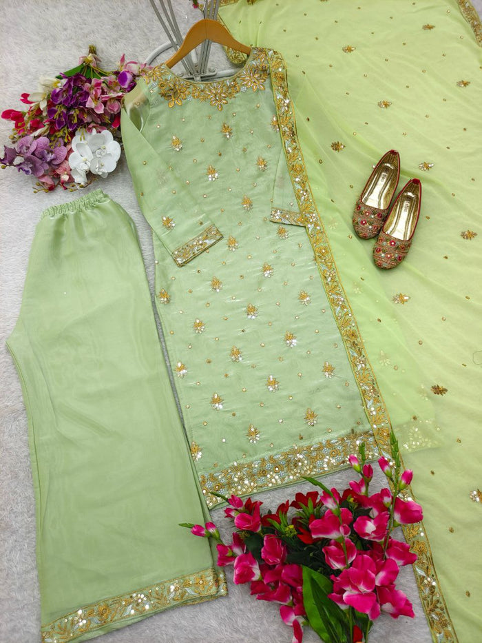 Zimmy-Chu Silk Top-Plazzo and Dupatta Set Fully Stitched  Ready To Wear