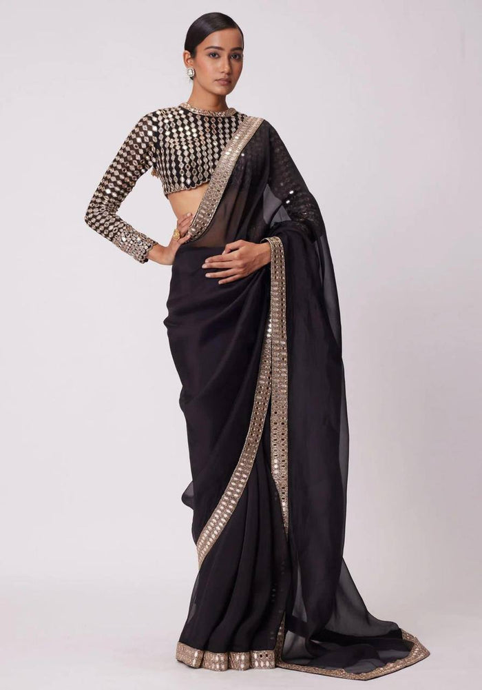Black Heavy Original Mirror Rangoli Silk Saree