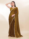 Mehndi Color Fendi Silk Shining Saree With Fancy Lace Broder and Blouse