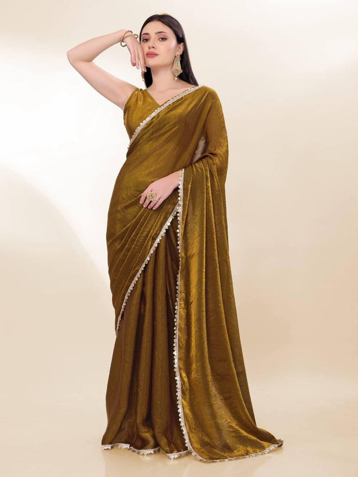 Mehndi Color Fendi Silk Shining Saree With Fancy Lace Broder and Blouse