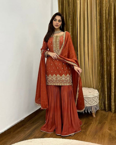 Fashion Cave  Simmer Silk Designer Party Wear Look Top-Plazzo and Dupatta With Heavy Embroidery Work Ready To wear