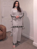 FASHION CAVE Elegant cream georgette set with embroidered mirror work top, palazzo pants, and matching dupatta for a graceful look.