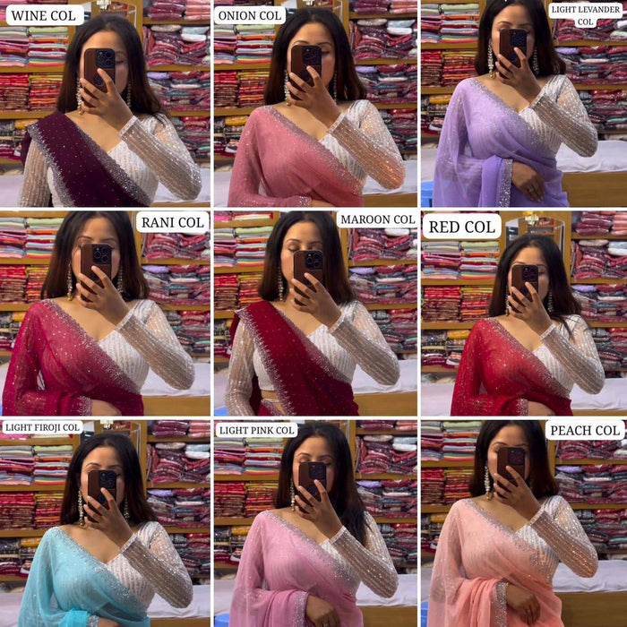 Beautiful Designer Party Wear Georgette Saree With All Over Heavy Beads Work And White Colour Heavy Sequence Blouse