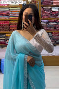 Beautiful Designer Party Wear Georgette Saree With All Over Heavy Beads Work And White Colour Heavy Sequence Blouse