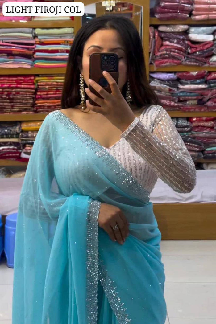 Beautiful Designer Party Wear Georgette Saree With All Over Heavy Beads Work And White Colour Heavy Sequence Blouse