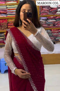 Beautiful Designer Party Wear Georgette Saree With All Over Heavy Beads Work And White Colour Heavy Sequence Blouse