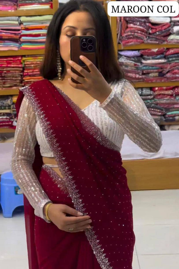 Beautiful Designer Party Wear Georgette Saree With All Over Heavy Beads Work And White Colour Heavy Sequence Blouse