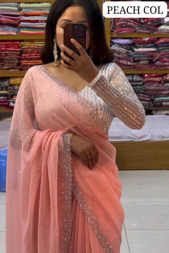 Beautiful Designer Party Wear Georgette Saree With All Over Heavy Beads Work And White Colour Heavy Sequence Blouse