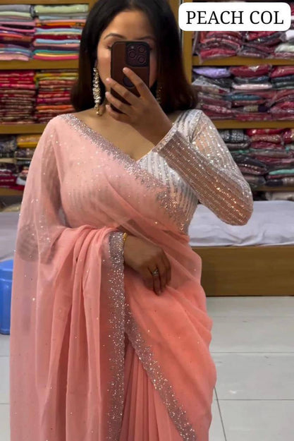 Beautiful Designer Party Wear Georgette Saree With All Over Heavy Beads Work And White Colour Heavy Sequence Blouse