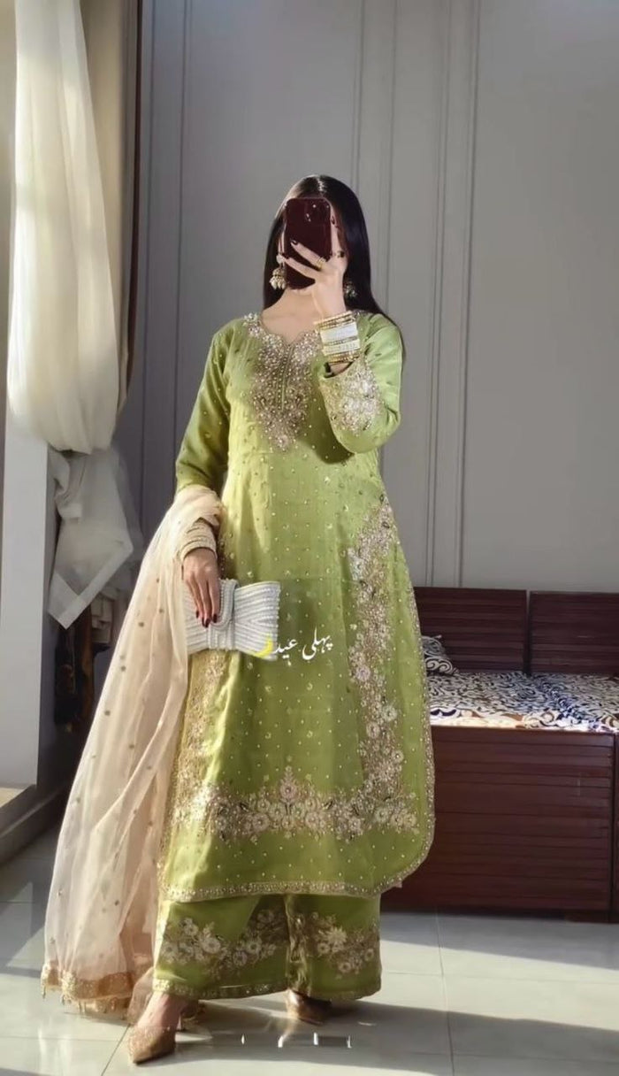 🦋 Đěsigner Party Wear Look Pur Chinon Silk Top Plazzo & Dupatta Ready To Wear