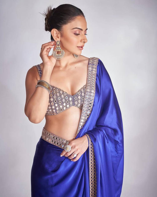 Beautiful Teal Blue Pure satin silk With Embroidery Lace and Real Mirror Blouse