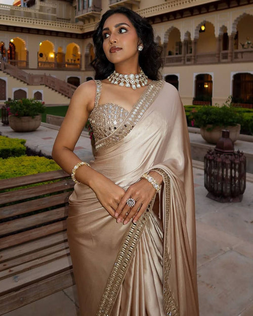 Beautiful Pure satin silk With Embroidery Lace and Real Mirror Blouse