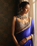 Beautiful Teal Blue Pure satin silk With Embroidery Lace and Real Mirror Blouse