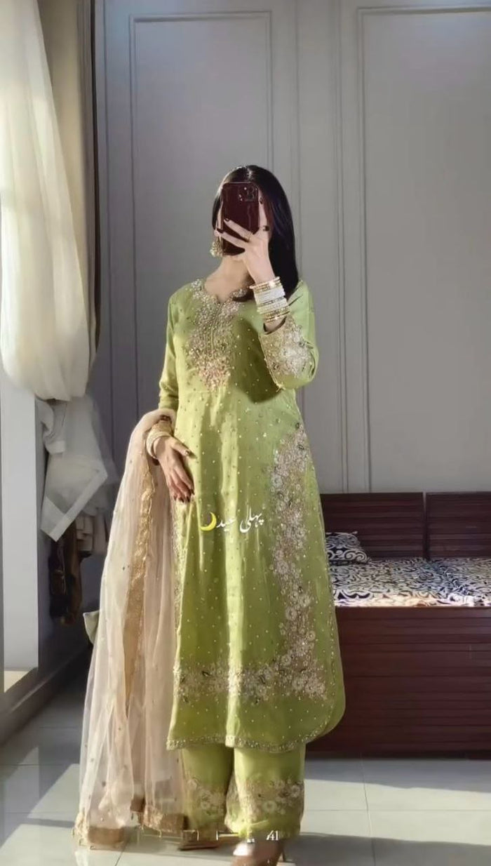 🦋 Đěsigner Party Wear Look Pur Chinon Silk Top Plazzo & Dupatta Ready To Wear
