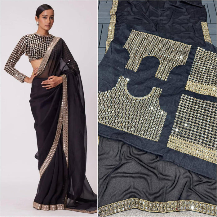 Black Heavy Original Mirror Rangoli Silk Saree