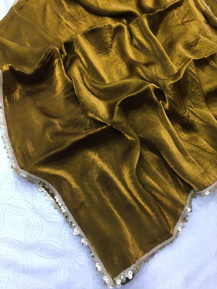 Mehndi Color Fendi Silk Shining Saree With Fancy Lace Broder and Blouse