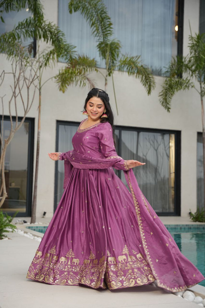 Tamato Color Chinon Silk Sequins Embroidered Gown Ready to Wear