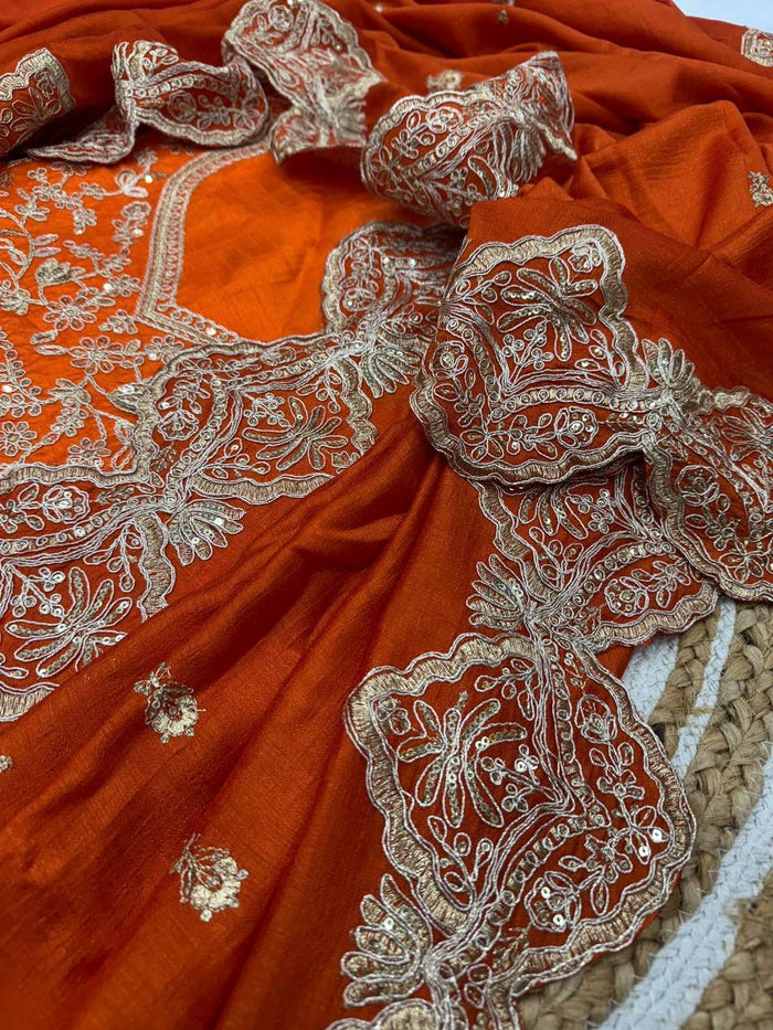 Beautiful Soft Blooming Vichitra Silk cording with Sequence Embroidery Saree