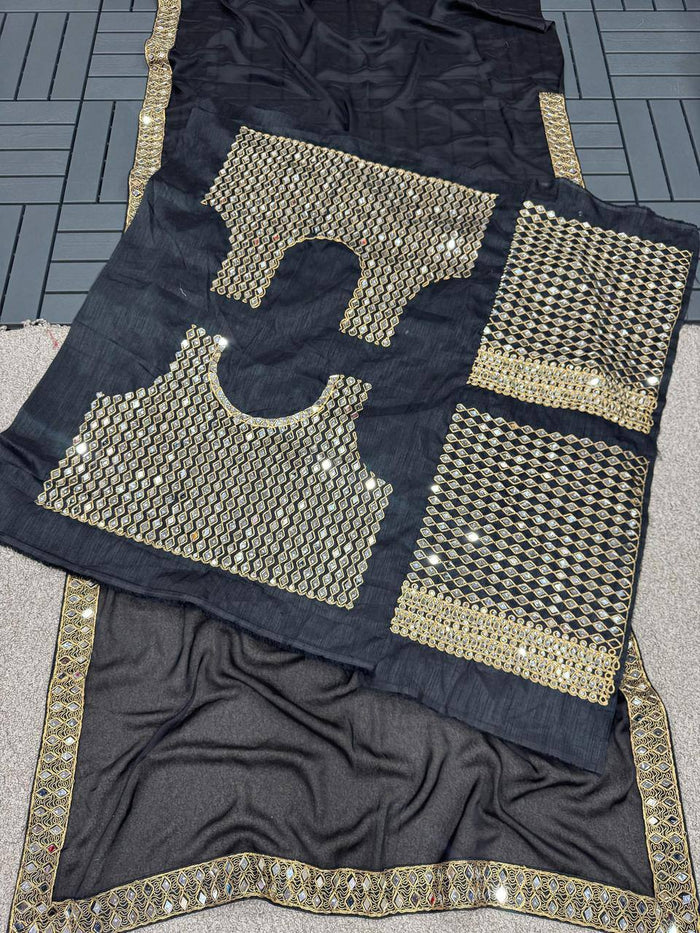 Black Heavy Original Mirror Rangoli Silk Saree