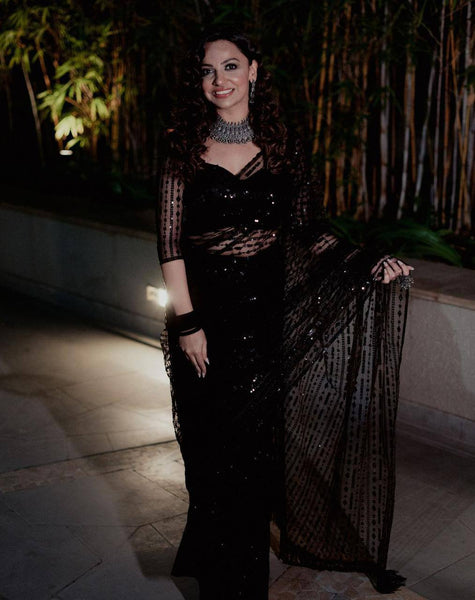 Beautiful Black Heavy Quality Butterfly Net Saree
