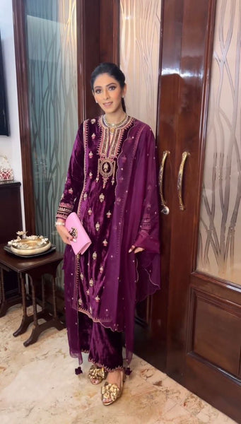 Fashion Cave Velvet Cording Sequence Embroidery Work Suit With Dupatta
