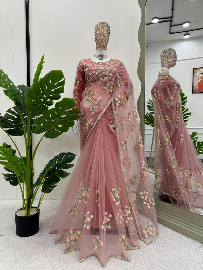Beautiful Designer  Soft Net Febric with Thred Sequnce work Saree