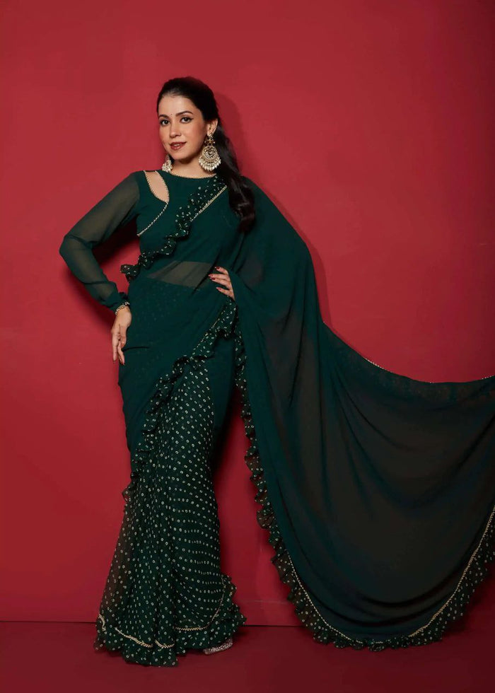 Opal Green Pre-Draped Frilled Design Saree