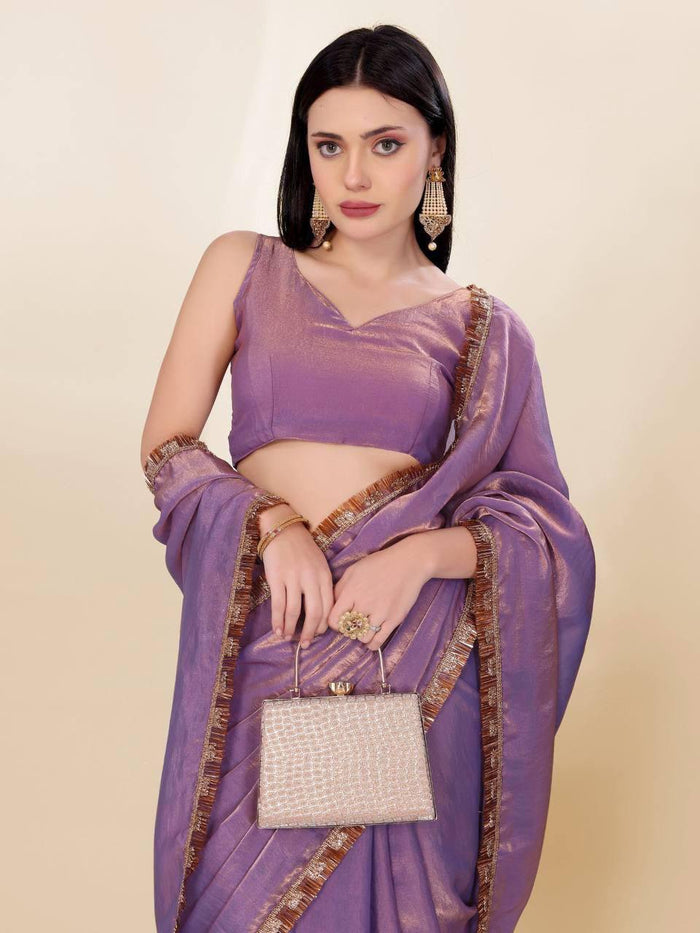 Lavish Lavender Color Fendi Silk With Embroidery Lace Broder and Blouse